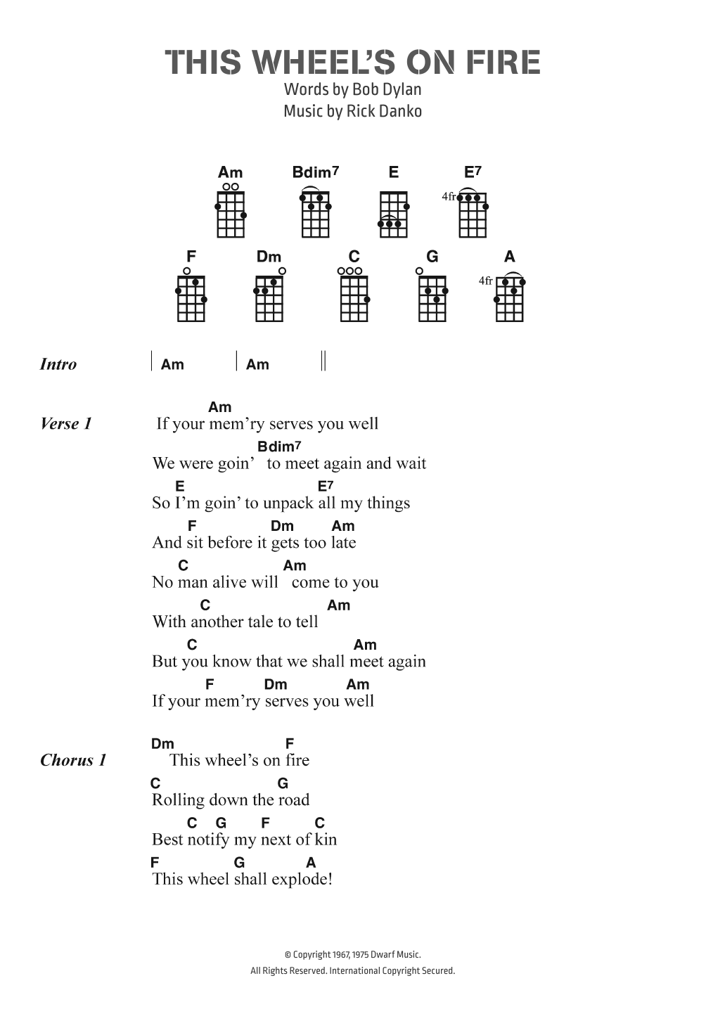 Bob Dylan This Wheel's On Fire sheet music notes and chords. Download Printable PDF.