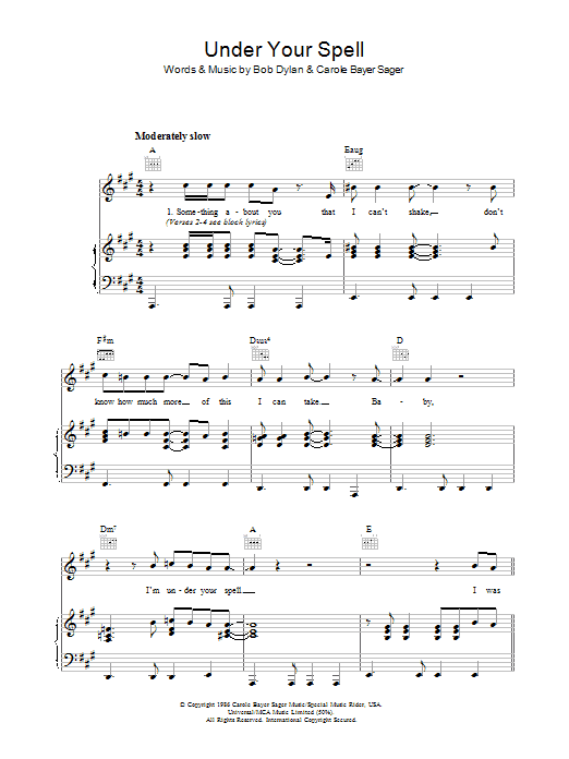Learn to play Bob Dylan Under Your Spell sheet music for Piano, Vocal & Guitar Chords in minutes. Price: 7.8900$ Bob Dylan Under Your Spell sheet music notes and chords arranged for Piano, Vocal & Guitar Chords