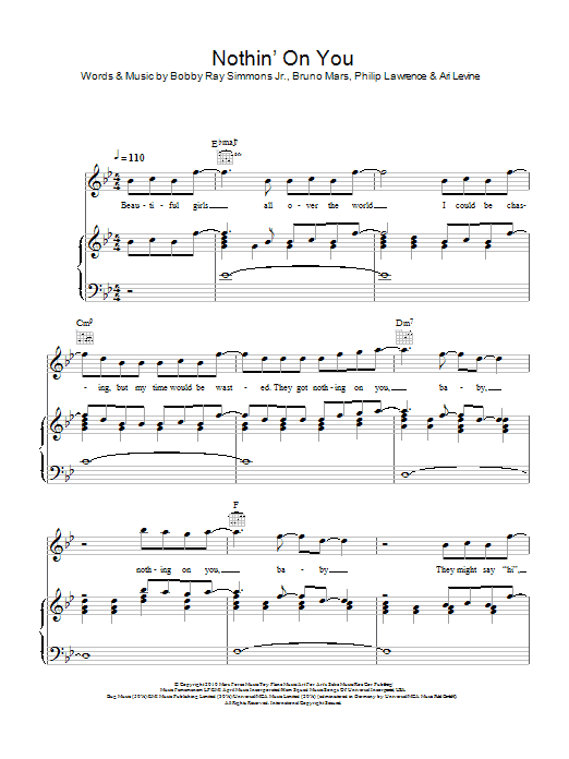 B.o.B Nothin' On You (feat. Bruno Mars) sheet music notes and chords arranged for Piano, Vocal & Guitar Chords