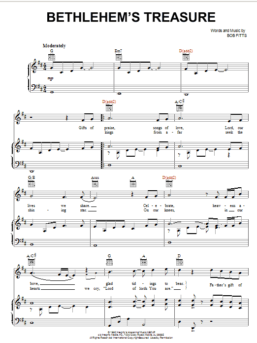 Bob Fitts Bethlehem's Treasure sheet music notes and chords arranged for Piano, Vocal & Guitar Chords (Right-Hand Melody)