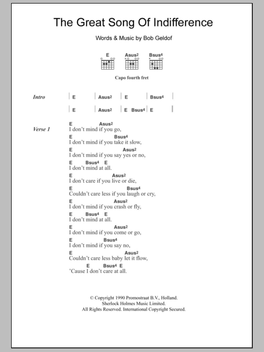 Bob Geldof The Great Song Of Indifference sheet music notes and chords. Download Printable PDF.