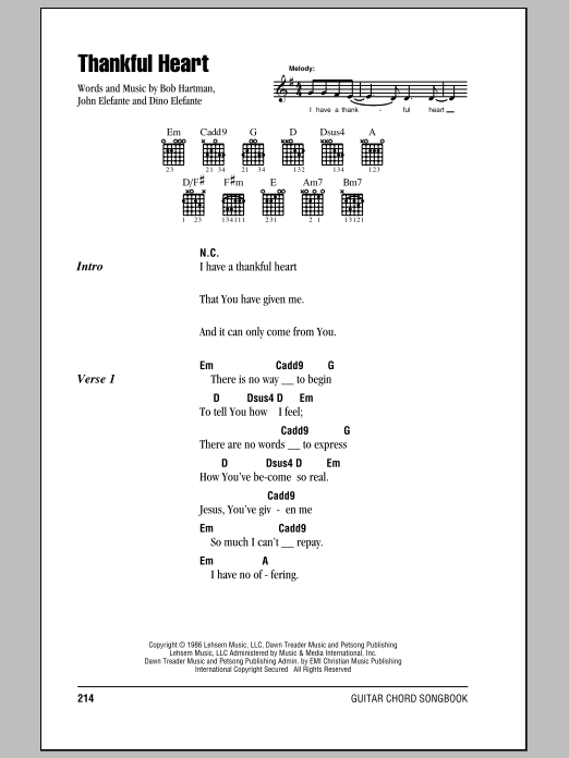 Bob Hartman Thankful Heart sheet music notes and chords. Download Printable PDF.