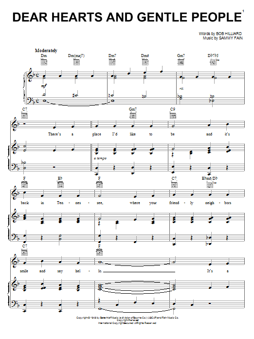 Learn to play Bob Hilliard Dear Hearts And Gentle People sheet music for Piano, Vocal & Guitar Chords (Right-Hand Melody) in minutes. Price: 7.8900$ Bob Hilliard Dear Hearts And Gentle People sheet music notes and chords arranged for Piano, Vocal & Guitar Chords (Right-Hand Melody)
