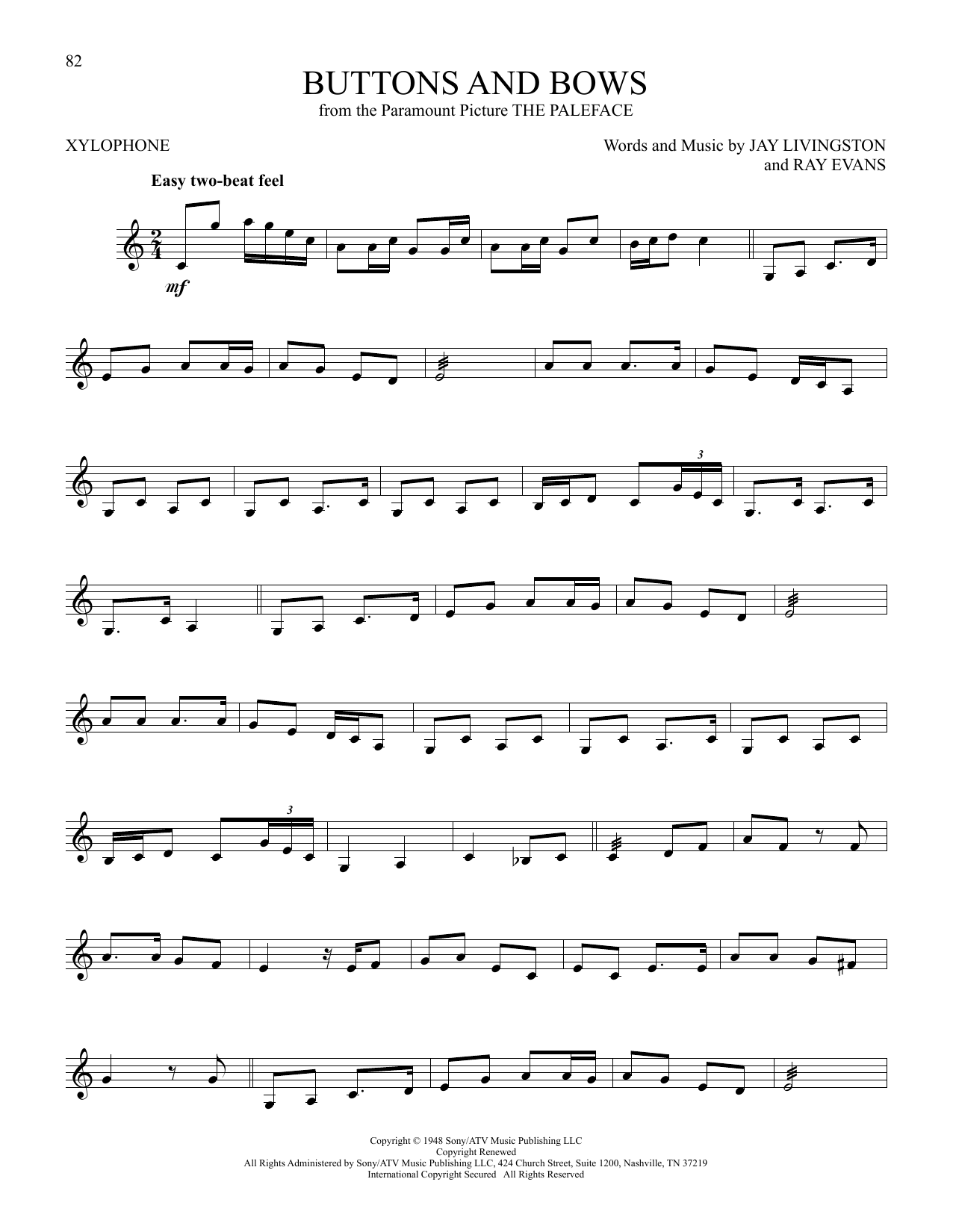 Learn to play Bob Hope Buttons And Bows (from The Paleface) sheet music for Xylophone Solo in minutes. Price: 6.9900$ Bob Hope Buttons And Bows (from The Paleface) sheet music notes and chords arranged for Xylophone Solo