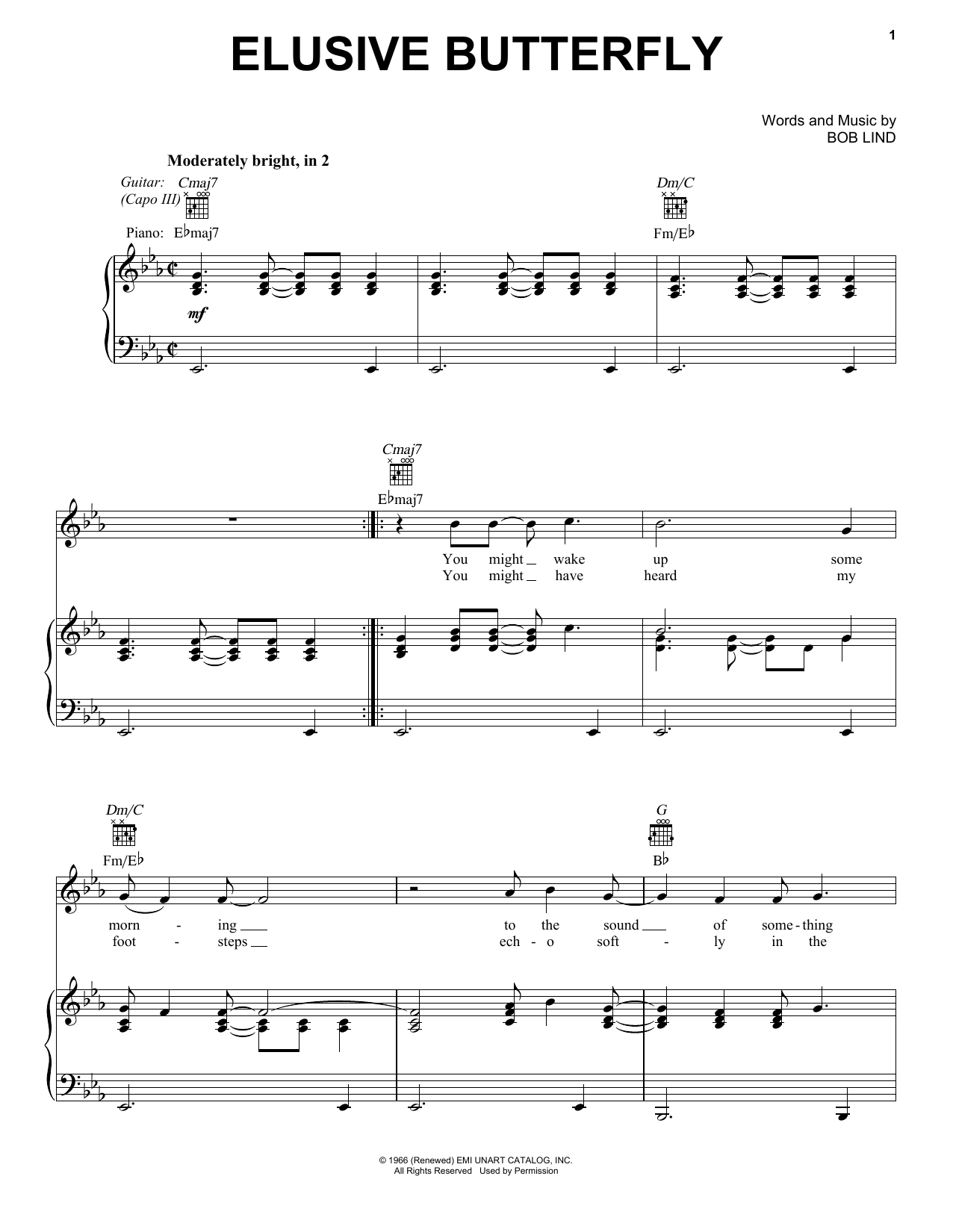 Bob Lind Elusive Butterfly sheet music notes and chords. Download Printable PDF.