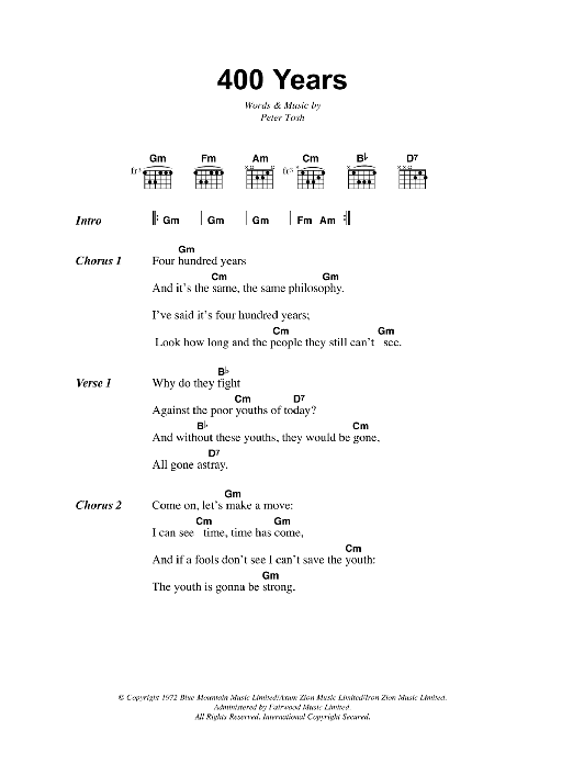 Bob Marley 400 Years sheet music notes and chords. Download Printable PDF.