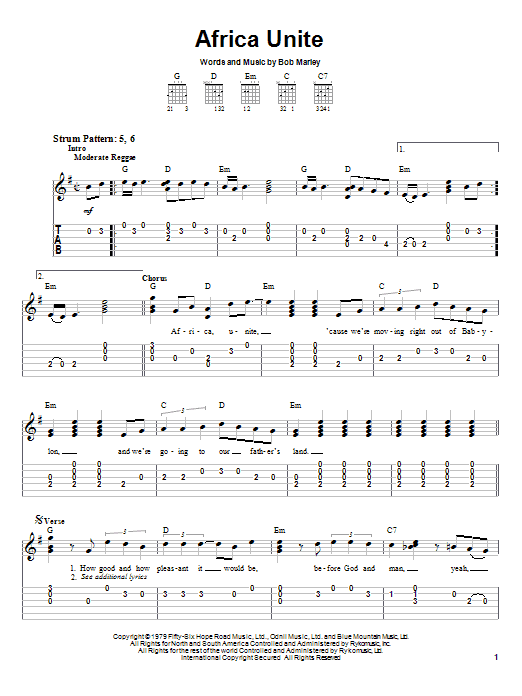 Bob Marley Africa Unite sheet music notes and chords. Download Printable PDF.