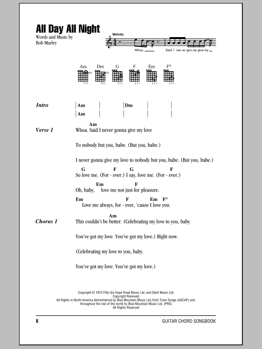 Bob Marley All Day All Night sheet music notes and chords. Download Printable PDF.