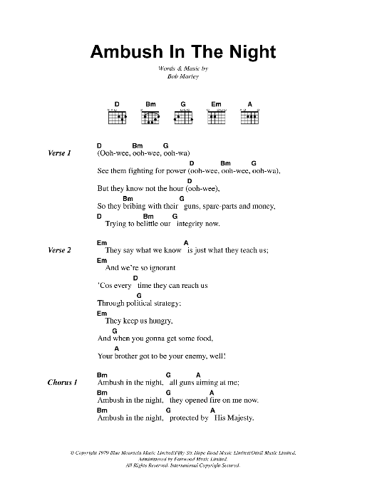 Bob Marley Ambush In The Night sheet music notes and chords. Download Printable PDF.