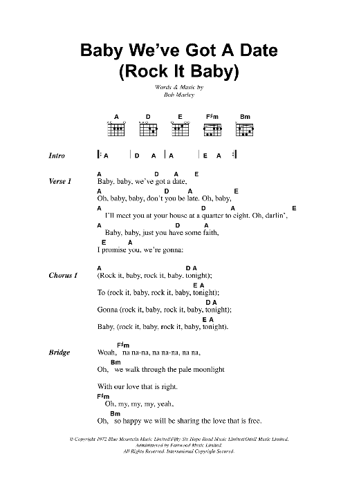 Bob Marley Baby We've Got A Date (Rock It Baby) sheet music notes and chords. Download Printable PDF.