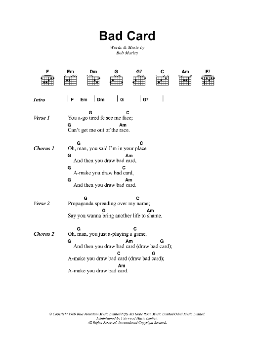 Bob Marley Bad Card sheet music notes and chords. Download Printable PDF.