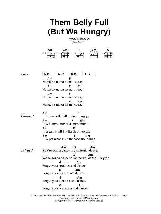 Bob Marley Belly Full (Them Belly Full (But We Hungry)) sheet music notes and chords. Download Printable PDF.