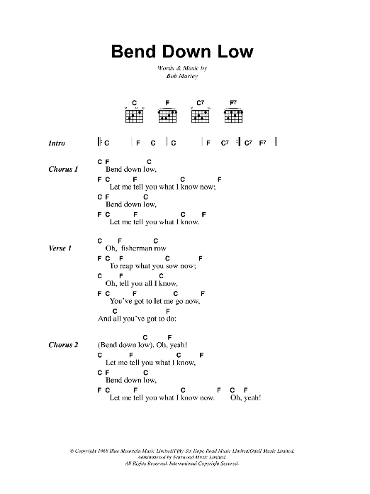 Bob Marley Bend Down Low sheet music notes and chords. Download Printable PDF.