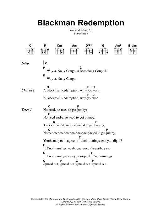 Bob Marley Blackman Redemption sheet music notes and chords. Download Printable PDF.