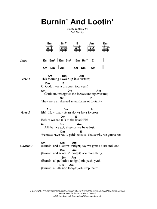 Bob Marley Burnin' And Lootin' sheet music notes and chords. Download Printable PDF.