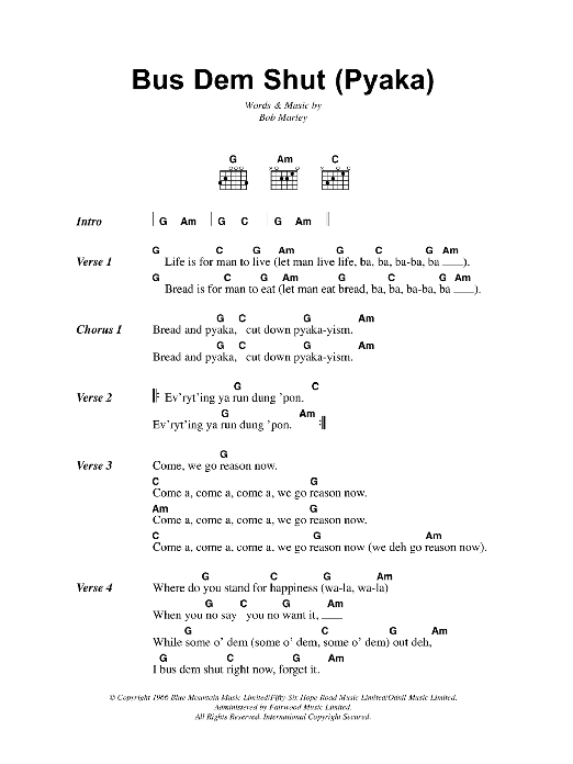 Bob Marley Bus Dem Shut (Pyaka) sheet music notes and chords arranged for Guitar Chords/Lyrics