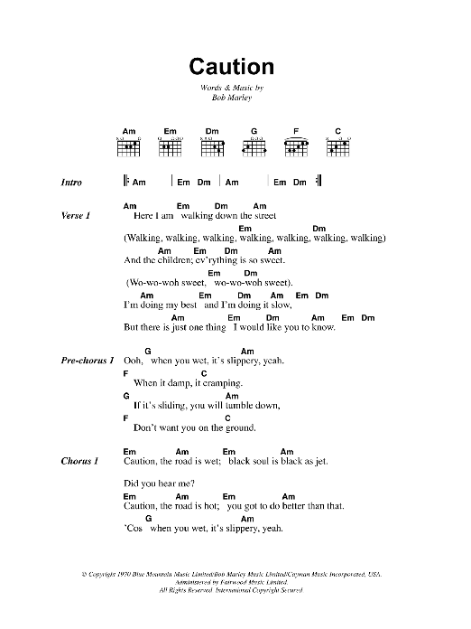 Bob Marley Caution sheet music notes and chords. Download Printable PDF.