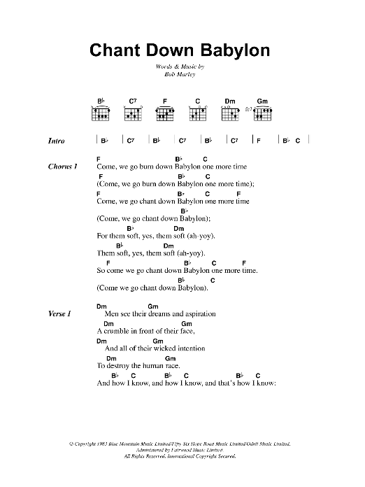 Bob Marley Chant Down Babylon sheet music notes and chords. Download Printable PDF.