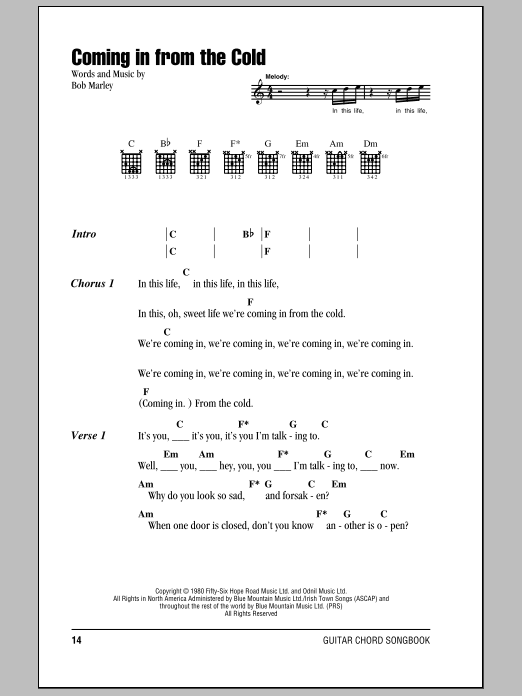 Bob Marley Coming In From The Cold sheet music notes and chords arranged for Guitar Chords/Lyrics