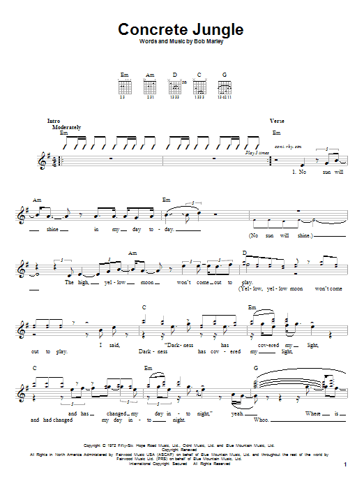 Bob Marley Concrete Jungle sheet music notes and chords. Download Printable PDF.