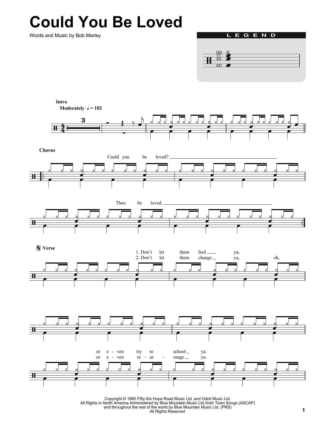 Bob Marley Could You Be Loved sheet music notes and chords arranged for Piano, Vocal & Guitar Chords