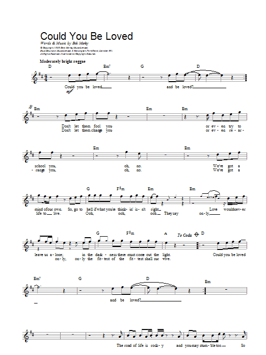 Bob Marley Could You Be Loved sheet music notes and chords. Download Printable PDF.