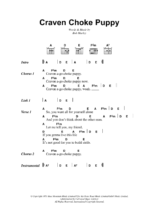 Bob Marley Craven Choke Puppy sheet music notes and chords. Download Printable PDF.