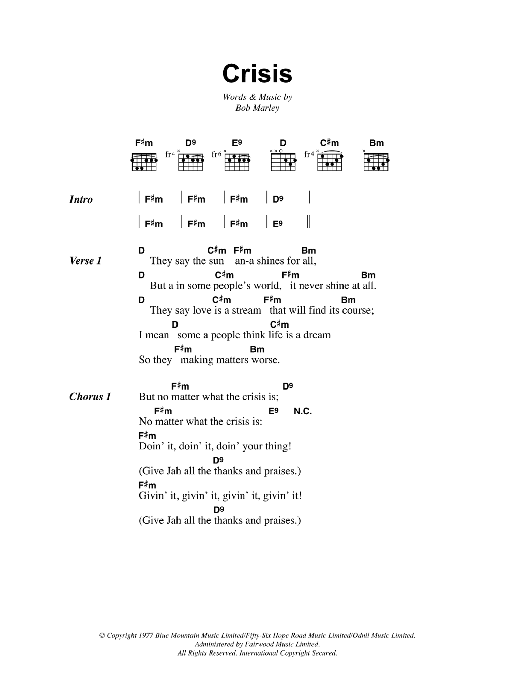 Bob Marley Crisis sheet music notes and chords. Download Printable PDF.