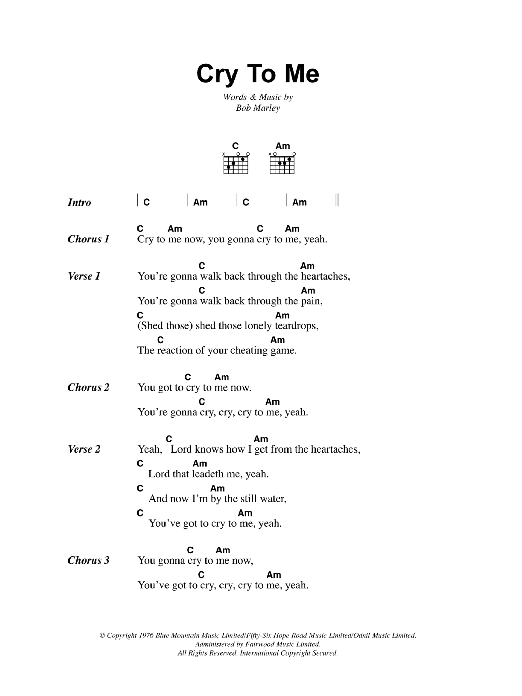 Bob Marley Cry To Me sheet music notes and chords. Download Printable PDF.