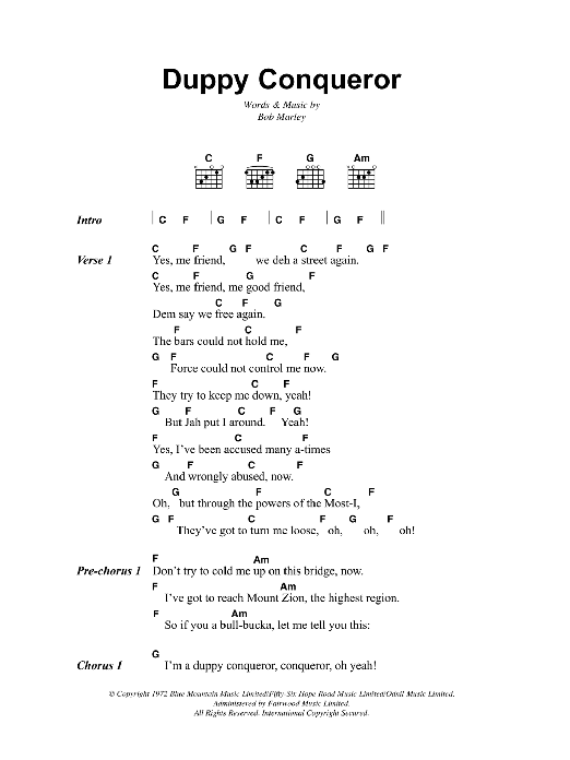 Bob Marley Duppy Conqueror sheet music notes and chords. Download Printable PDF.