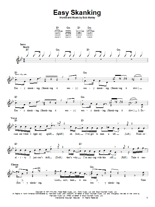 Bob Marley Easy Skanking sheet music notes and chords. Download Printable PDF.