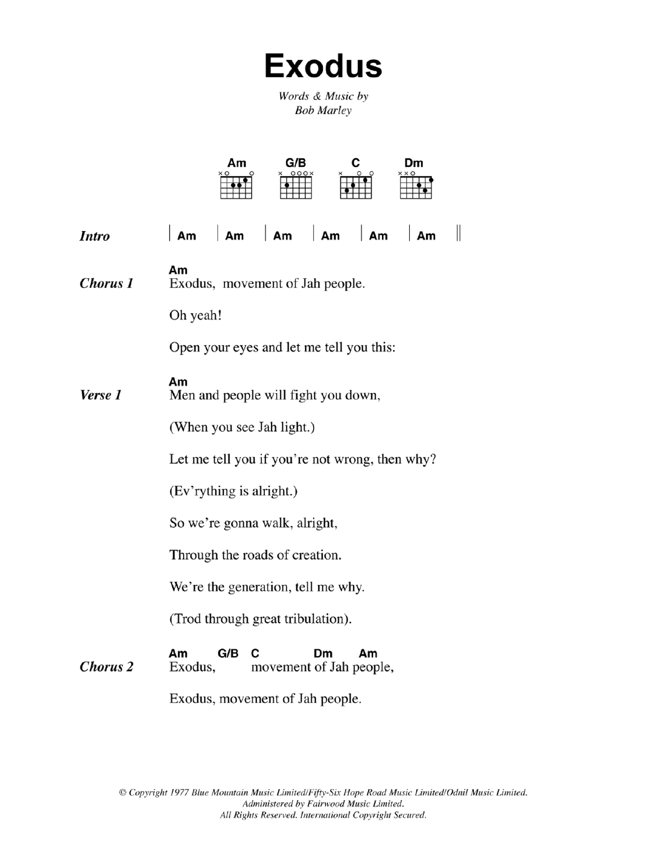 Bob Marley Exodus sheet music notes and chords. Download Printable PDF.