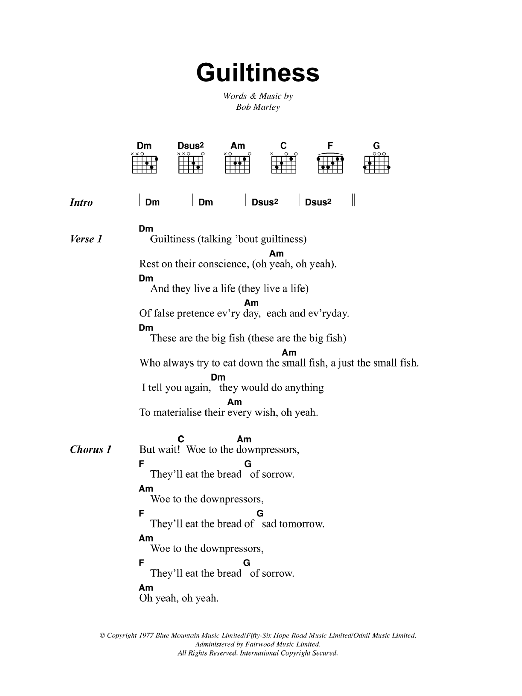 Bob Marley Guiltiness sheet music notes and chords. Download Printable PDF.