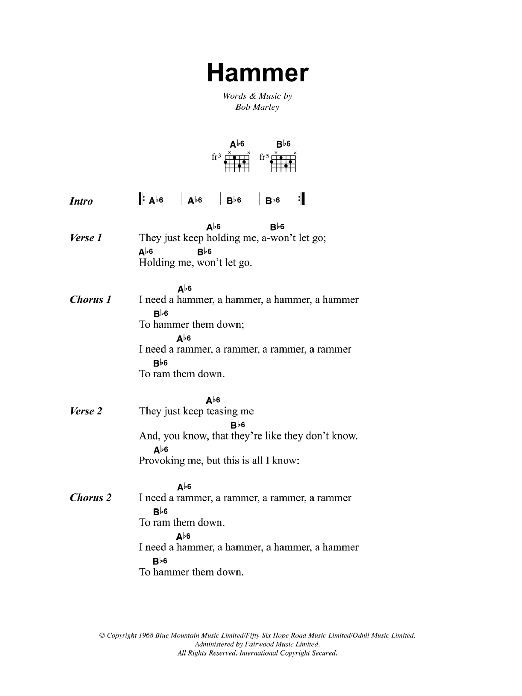 Bob Marley Hammer sheet music notes and chords. Download Printable PDF.