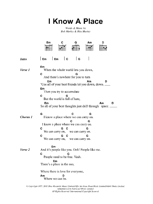 Bob Marley I Know A Place sheet music notes and chords. Download Printable PDF.