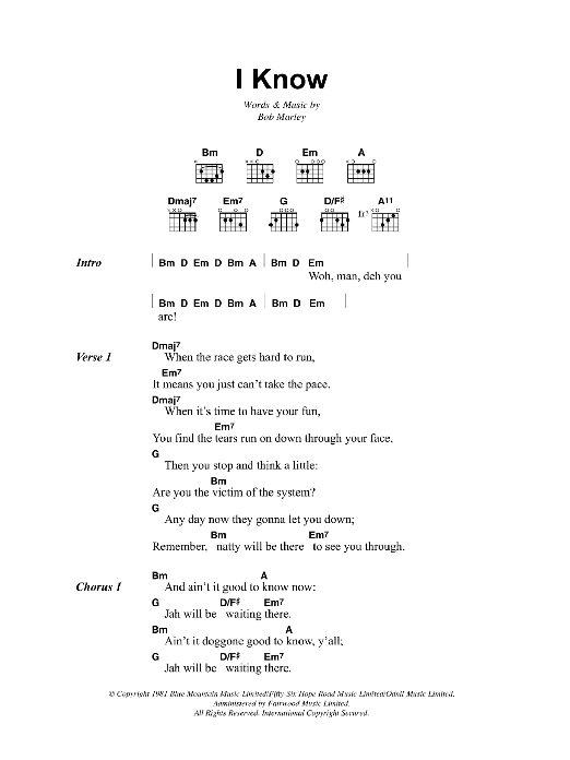 Bob Marley I Know sheet music notes and chords. Download Printable PDF.