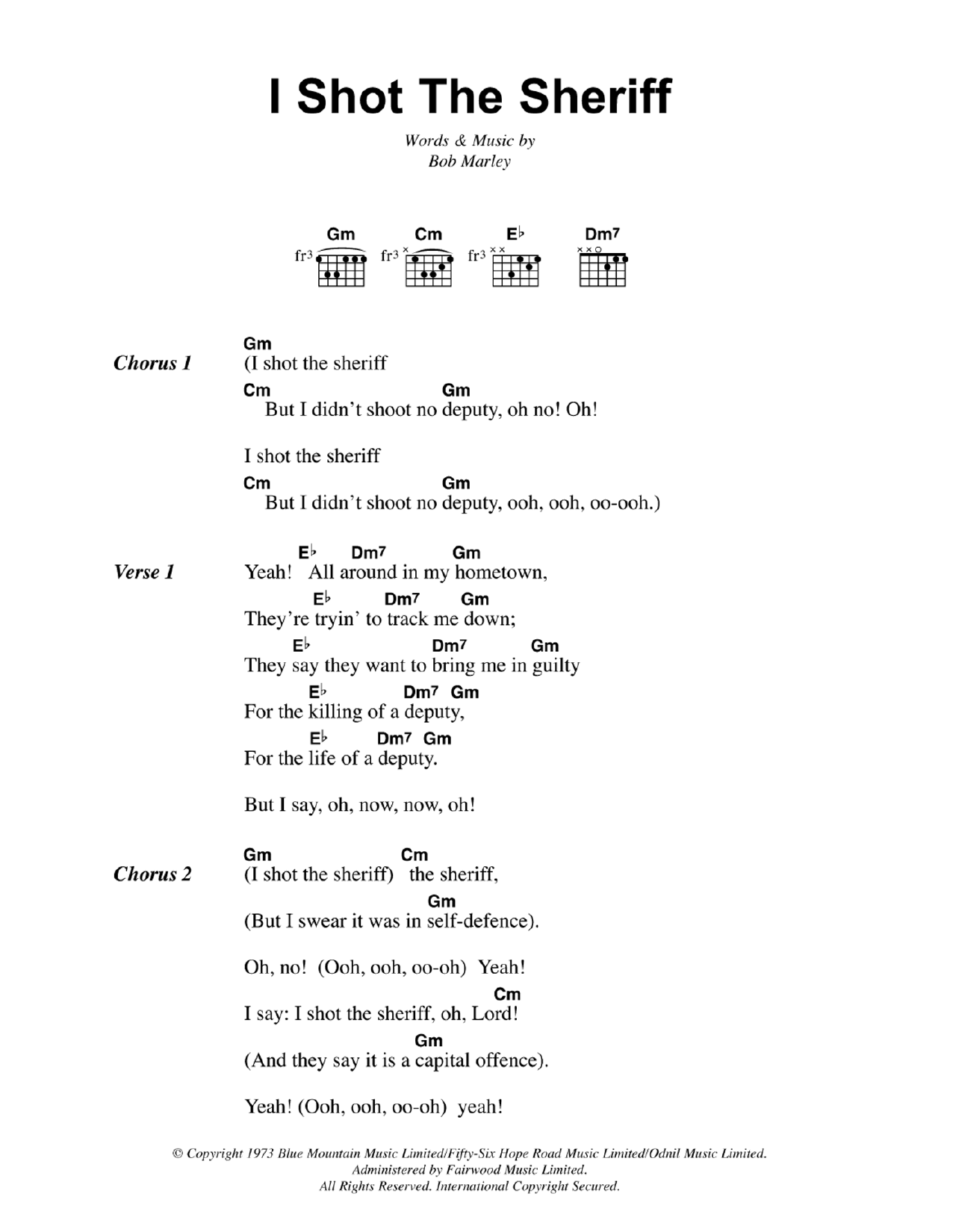 Bob Marley I Shot The Sheriff sheet music notes and chords arranged for Ukulele