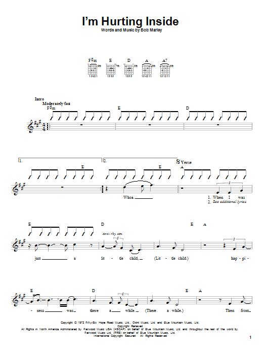 Bob Marley I'm Hurting Inside sheet music notes and chords. Download Printable PDF.