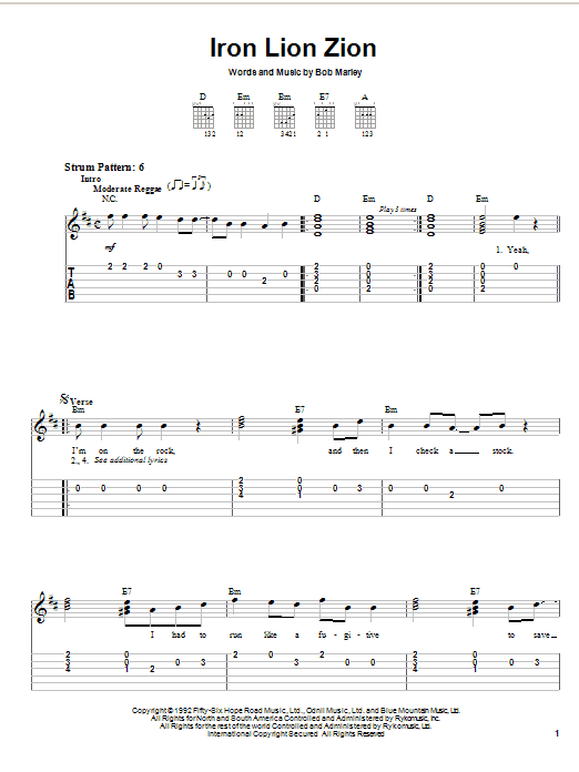 Bob Marley Iron Lion Zion sheet music notes and chords. Download Printable PDF.