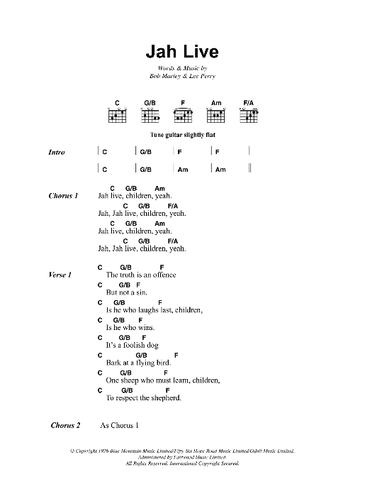 Bob Marley Jah Live sheet music notes and chords. Download Printable PDF.