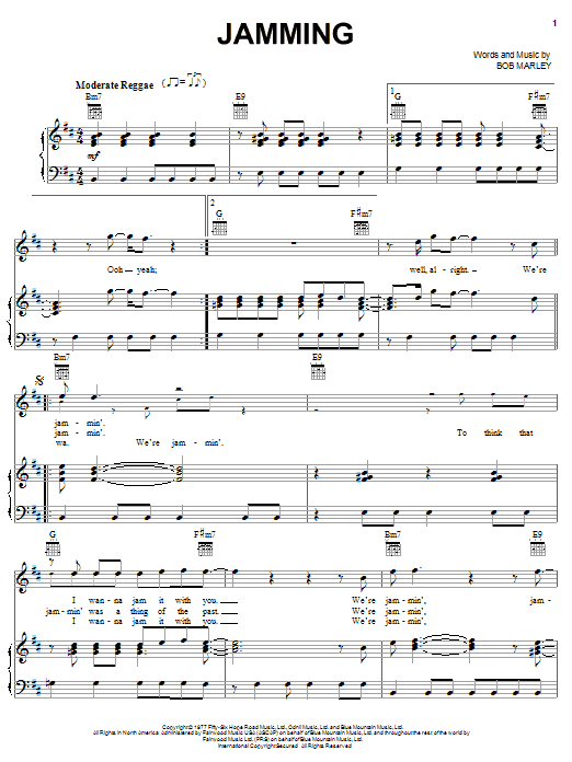 Bob Marley Jamming sheet music notes and chords arranged for Piano, Vocal & Guitar Chords