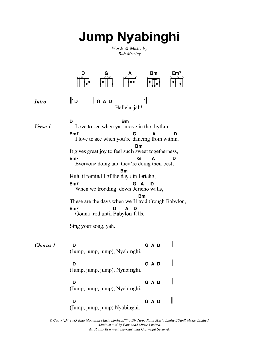 Bob Marley Jump Nyabinghi sheet music notes and chords. Download Printable PDF.