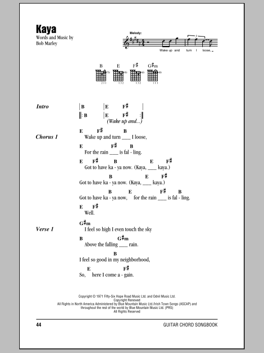 Bob Marley Kaya sheet music notes and chords. Download Printable PDF.