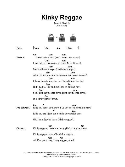 Bob Marley Kinky Reggae sheet music notes and chords. Download Printable PDF.