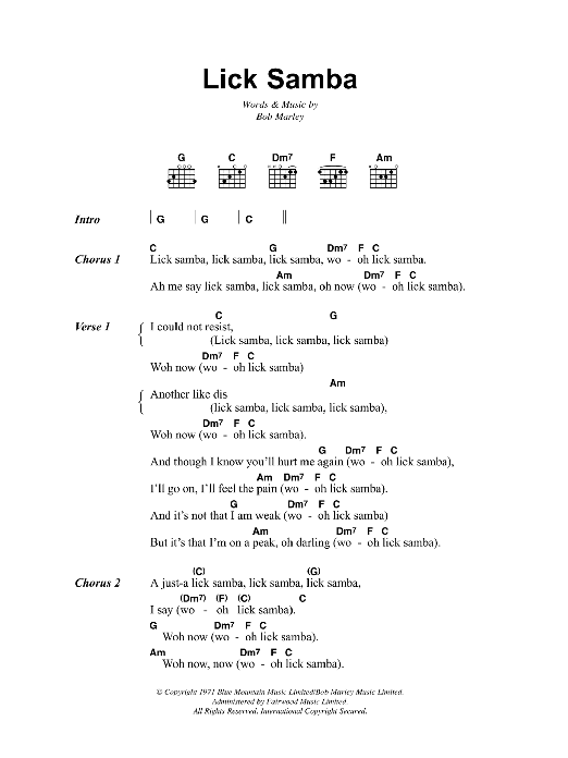 Bob Marley Lick Samba sheet music notes and chords. Download Printable PDF.