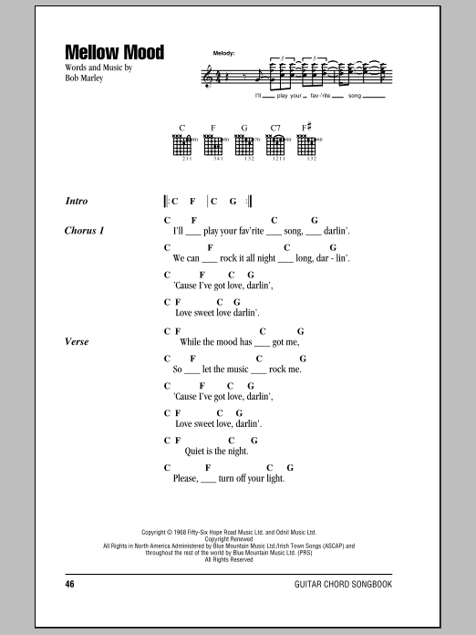 Bob Marley Mellow Mood sheet music notes and chords arranged for Piano, Vocal & Guitar Chords