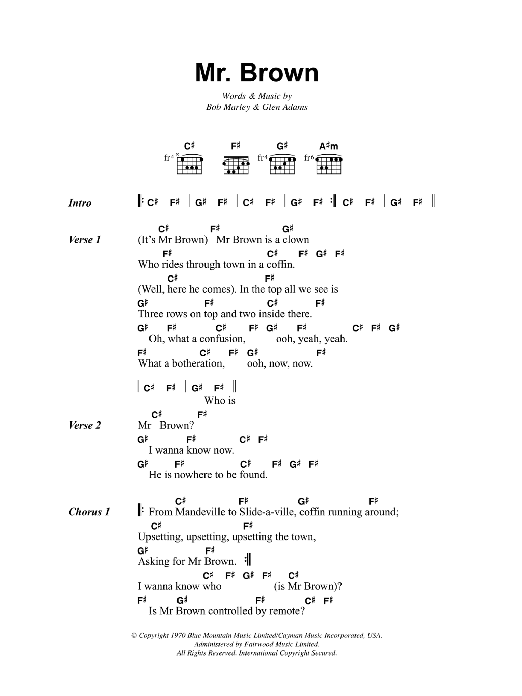 Bob Marley Mr. Brown sheet music notes and chords. Download Printable PDF.