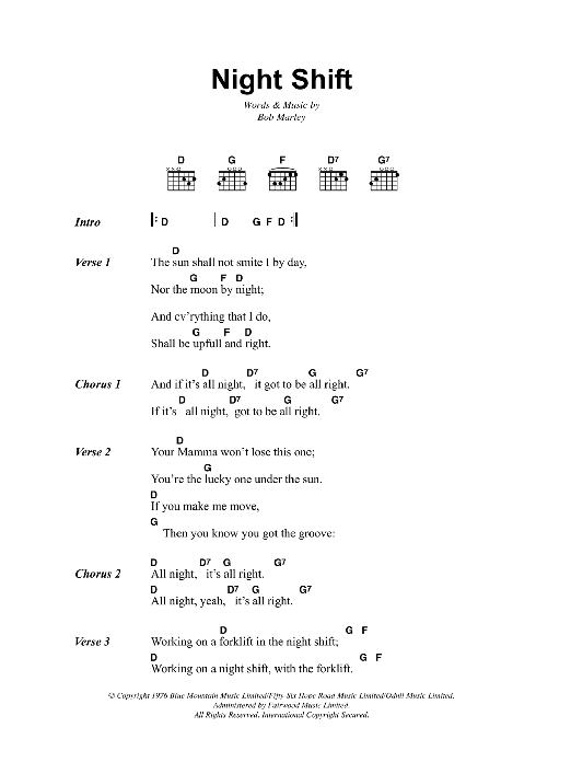 Bob Marley Night Shift sheet music notes and chords. Download Printable PDF.