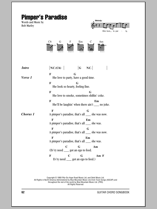 Bob Marley Pimper's Paradise sheet music notes and chords. Download Printable PDF.