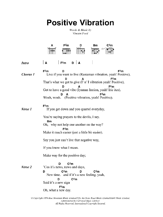 Bob Marley Positive Vibration sheet music notes and chords. Download Printable PDF.